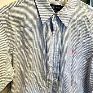 Short sleeved striped light blue polo dress shirt
